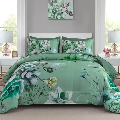 Miniatura 16 de Luxudecor Juego de edredón floral tamaño individual de 7 piezas, cama de flores aguamarina en una bolsa, elegante edredón floral degradado con juego