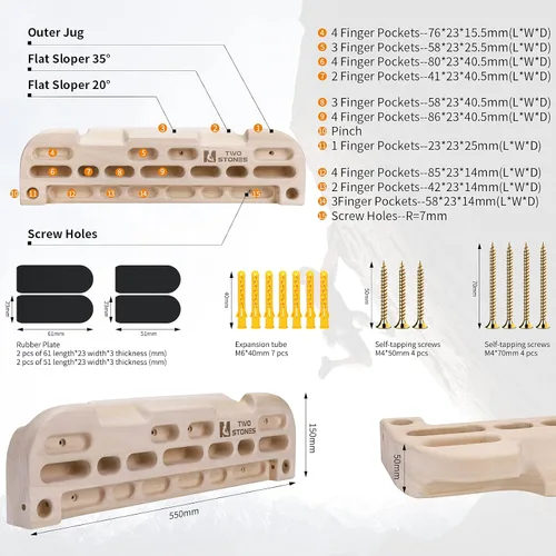 Miniatura 3 de TWO STONES Tabla colgante de madera para escalada en roca, barra de dominadas diseñada para entrenamiento para escalada, tabla de entrenamiento