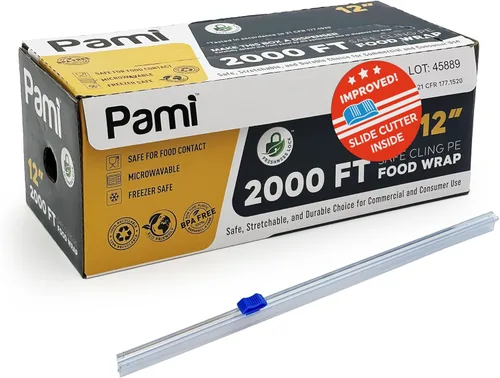 PAMI Envoltura de plástico para alimentos de 12 pulgadas x 2000 pies con cortador deslizante, película elástica segura, sin BPA, apta para
