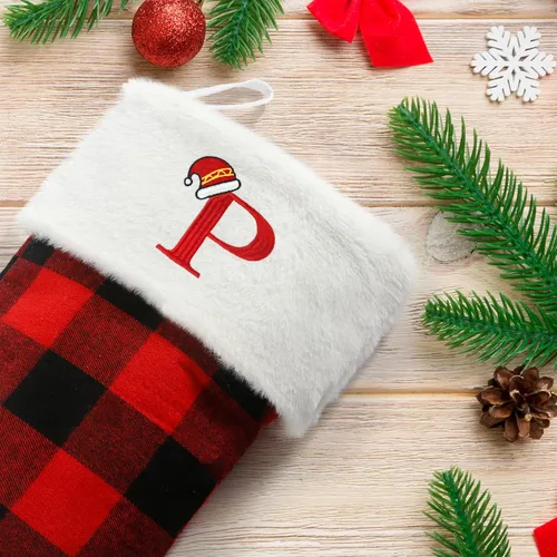 Miniatura 2 de Senneny - Medias de Navidad con iniciales, 20" grandes rojas y negras a cuadros de búfalo, monograma, medias de Navidad con puño de felpa blanca