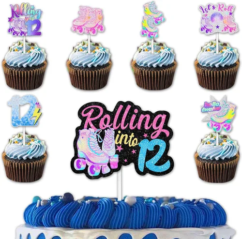 Miniatura 9 de 18 patines con purpurina, 12 piezas de decoración de cupcakes, 1 selección de decoración de pastel para 80 y 90, estilo retro, hip hop, patinaje