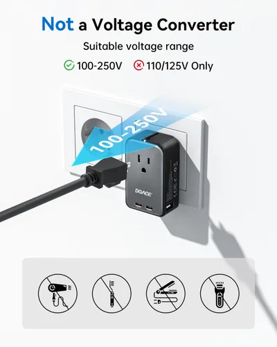 Miniatura 7 de DOACE Adaptador de viaje Pico de 20 W, adaptador de corriente universal de 5 puertos, 1 CA, 2 USB C y 2 USB-A, adaptador de enchufe internacional