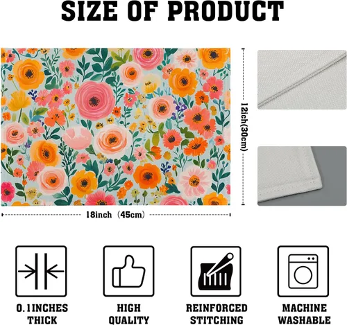 Miniatura 4 de Juego de 4 manteles individuales con estampado de flores de acuarela para decoración de mesa de comedor en el hogar, interior y exterior