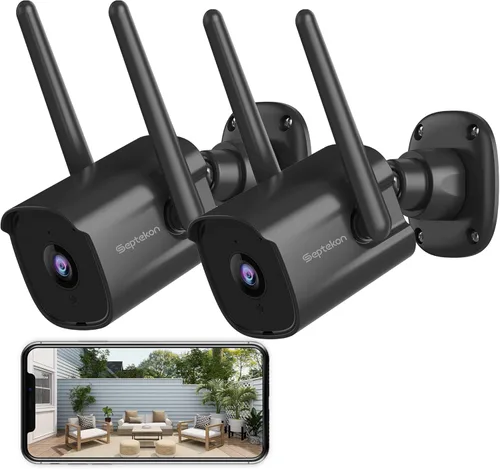 Septekon Paquete de 2 cámaras de seguridad para exteriores, cámaras WiFi con cable 2.4G para seguridad del hogar, cámaras de vigilancia 2K con