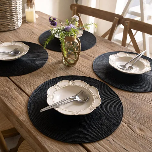 Miniatura 5 de FunWheat Juego de 4 manteles individuales redondos trenzados para mesas de comedor, tejidos, lavables, antideslizantes, 15 pulgadas (negro, 4 piezas)