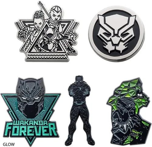 Miniatura 2 de Marvel Studios Black Panther Wakanda Forever - Juego de 5 pines de solapa con base de metal y esmalte con una caja de ventana oficial de Wakanda