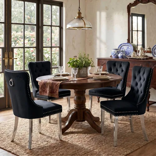 Miniatura 118 de SoarFlash Juego de 2 sillas de comedor de tela de lino, sillas de comedor tapizadas con ribete de cabeza de clavo y patas de madera de color claro