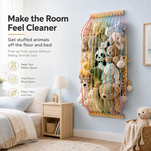 Miniatura 6 de Organizador de juguetes de madera suave para almacenamiento de animales de peluche, bonito y duradero para pared o puerta, longitud ajustable