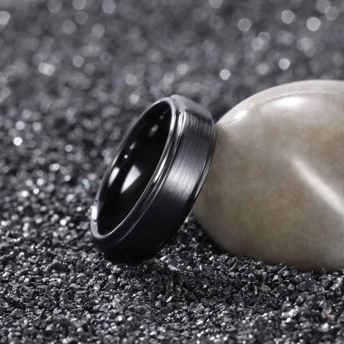 Miniatura 3 de Anillo de cerámica negro de 0.236in, 0.315in, con incrustaciones de fibra de carbono negra, para hombres y mujeres, talla 5-14