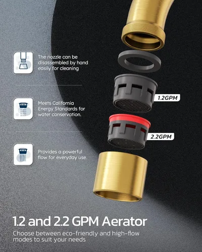 Miniatura 6 de Grifo de baño de oro cepillado de 3 agujeros: grifo de baño amplio ARCORA de 8 pulgadas, 2 manijas para fregadero de baño con ensamblaje de drenaje