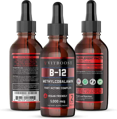 Miniatura 2 de VITBOOST Líquido vegano B12 Gotas 60 x 5000mcg Extra Strength sabor frambuesa VIT B12 Suplemento sublingual líquido de metilcobalamina y extra