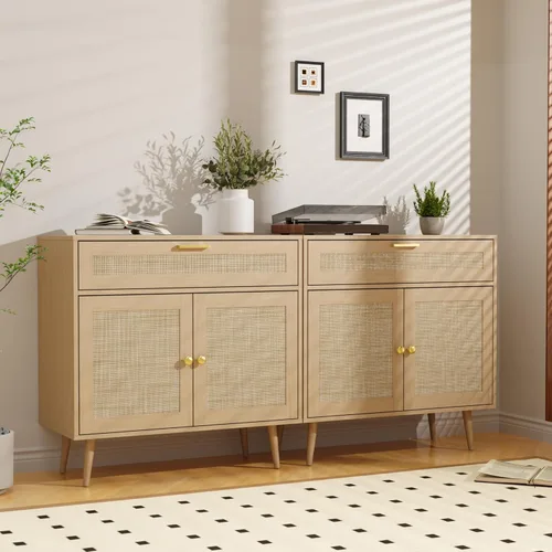 Miniatura 11 de Furnify Aparador de ratán buffet, armario de cocina bohemio con cajón y 2 puertas, armario moderno de mediados de siglo con estante ajustable, barra