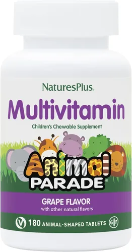 NaturesPlus Animal Parade - Multivitamínico masticable para niños, sabor a uva, 180 tabletas en forma de animal, promueve la salud y el bienestar,