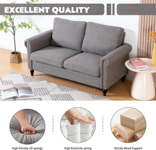 Miniatura 6 de J.C.UP Sofá biplaza de 57 pulgadas, sofás pequeños para sala de estar con tela de lino, cómodo sofá tapizado para dormitorio con patas de madera Gris