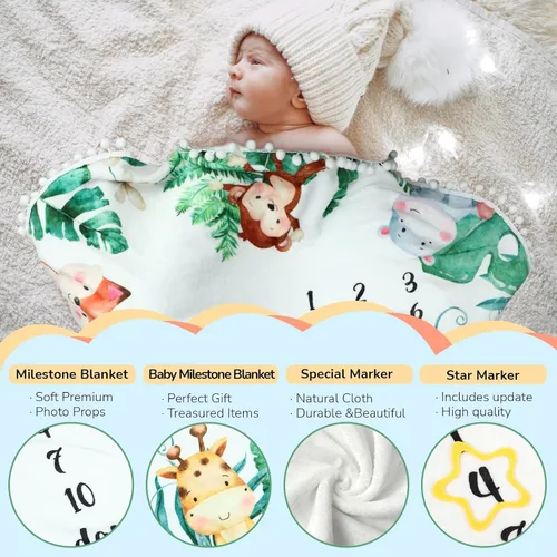 Miniatura 7 de Peryiter Manta mensual de hitos para bebé, 43.3 x 43.3 pulgadas, safari, selva, hojas, tapete de juego para recién nacidos, manta redonda de franela