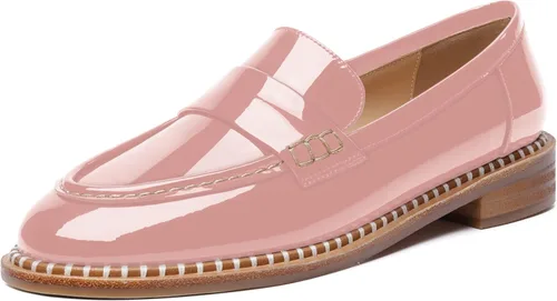 Miniatura 12 de FOGEENA Mocasines de tacón bajo para mujer, estilo casual, puntera redonda, de charol grueso, de 1 pulgada
