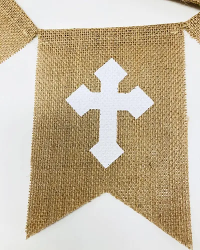 Miniatura 5 de Cartel de arpillera "God Bless" – Decoración cristiana rústica para baby shower, bautismo, bautismo y primera comunión (impresión blanca)