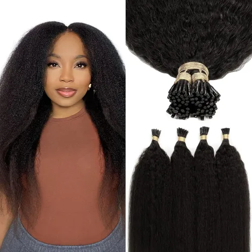 Miniatura 22 de Lacer Extensiones de cabello humano con punta en I, extensiones de cabello humano rizado lacio color negro natural, 1B de 12 pulgadas, extensiones