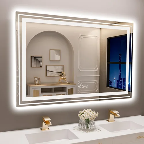 Miniatura 23 de Snowdool Espejo LED de baño, 32 x 32 pulgadas con luz frontal y retroiluminada, antivaho, espejo de tocador de baño para pared, función de memoria