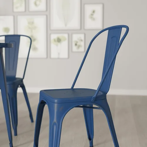 Miniatura 4 de Merrick Lane Banks - Silla apilable de comedor, marco de metal azul antiguo, acabado con recubrimiento en polvo envejecido, respaldo de listones
