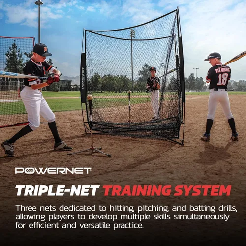 Miniatura 4 de PowerNet Red de entrenamiento de béisbol de triple amenaza, red de bateo o lanzamiento de 3 vías de 7 pies x 7 pies, cubre 147 pies cuadrados, Negro