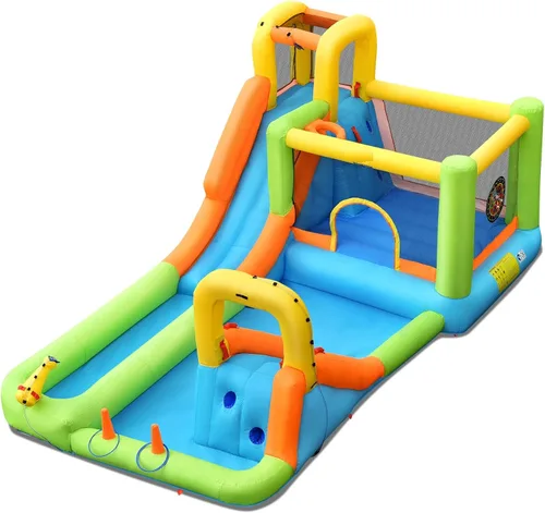 Miniatura 9 de OLAKIDS Tobogán acuático inflable, casa de rebote 7 en 1 con 2 toboganes de escalada de pared, piscina con 2 columnas de anillo, pistola de agua