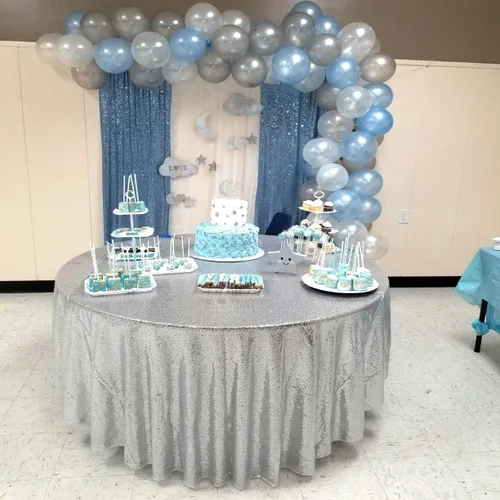 Miniatura 45 de Mantel de lentejuelas color azul bebé de 120 pulgadas redondo con purpurina, secuencia metálica, para fiesta de cumpleaños, baby shower, boda