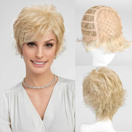 Miniatura 17 de HAIRCUBE Pelucas rubias de corte Pixie para mujer, estilo ondulado natural, peluca de encaje sintético resistente al calor con parte superior