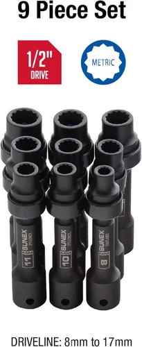 Miniatura 4 de SUNEX TOOLS 2695, ½ Inch Drive Driveline Limited Clearance Socket Set, 12 puntos, 9 piezas, métrico, 0.315 in-0.669 in, acero Cr-Mo, caja
