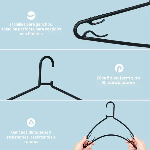 Miniatura 3 de Byomostor Perchas de plástico negro, paquete de 50 perchas ligeras y duraderas en forma de G, tamaño estándar, antideslizantes, perchas para ropa