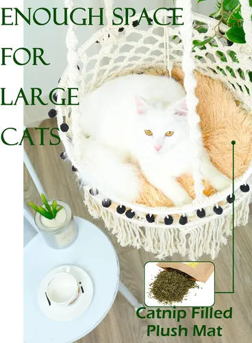 Miniatura 4 de KARCEEY Hamaca de macramé para gatos, cama colgante para pared y ventana, columpio bohemio con kit completo de herramientas y juguete de pezón
