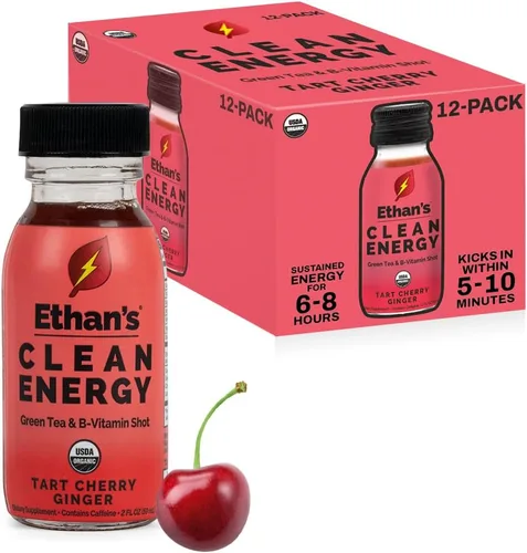 Ethan's Organic Clean Energy Shots - Jengibre de cereza ácida, paquete de 12 unidades de 2 onzas, 150 mg de cafeína, té verde, guayusa, melena de