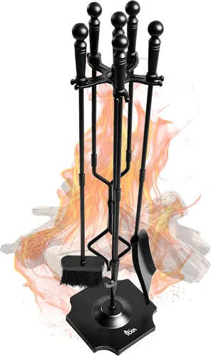 VODA Juego de 5 piezas de herramientas para chimenea grande, color negro, para interior y exterior, con soporte, incluyendo atizador para chimenea,