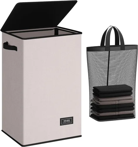 Miniatura 11 de SOLEDI - Canasta de lavandería con tapa de 100L, canasta de ropa plegable grande y alta, cesta de lavandería con bolsa removible fácil