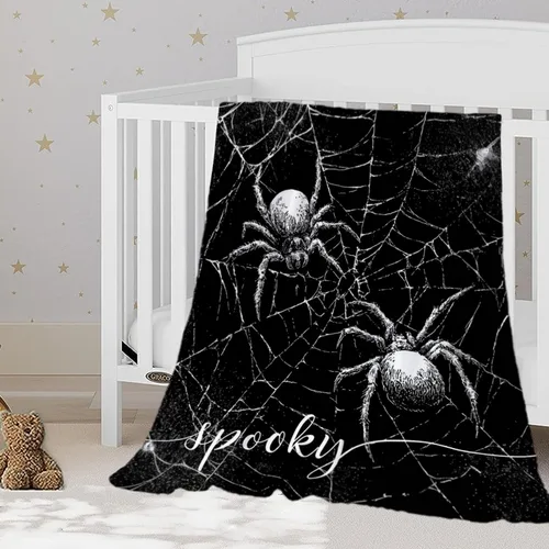 Miniatura 20 de YeeJu Manta de Halloween pequeña de fantasma espeluznante negro, manta de Halloween para bebé, manta acogedora suave y ligera de felpa de forro