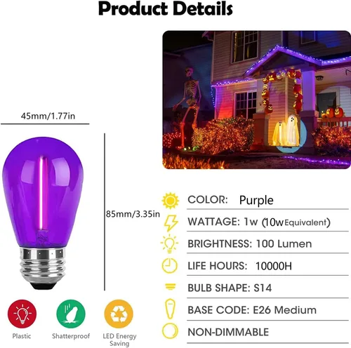 Miniatura 2 de Paquete de 15 bombillas LED S14 moradas de repuesto para luces de Halloween para exteriores, 1 W, bombilla de filamento LED Edison vintage, base