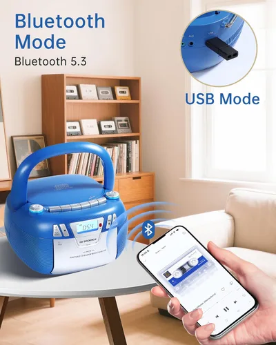 Miniatura 6 de Boombox - Reproductor de CD con Bluetooth y reproductor de cassette, radio AM/FM portátil, entrada MP3/USB/AUX, sistema de sonido estéreo