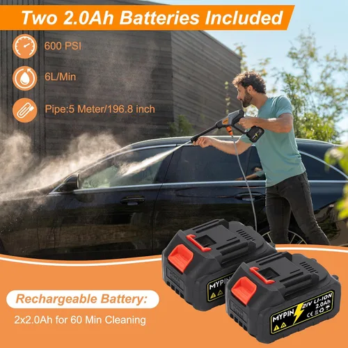 Miniatura 2 de Lavadora a presión inalámbrica portátil, 600PSI Lavadora de coche de mano dos baterías 21V Rechargeable 2.0Ah Powered Pressure Washer, 6-in-1