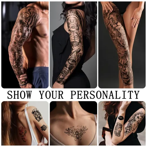 Miniatura 3 de Tatuajes temporales de manga completa para hombres y mujeres, 46 hojas de tatuajes falsos para adultos, león realista, lobo, águila, ciervo, flor