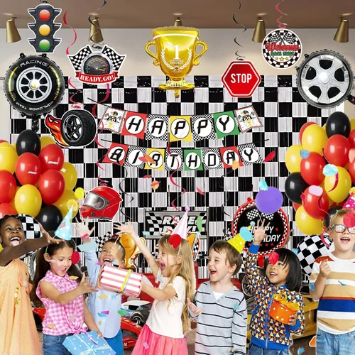 Miniatura 6 de Decoración de fiesta de cumpleaños de coche de carreras, globos de automóvil de carreras con flecos de aluminio a cuadros, telón de fondo