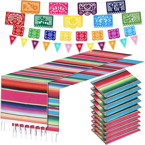 Miniatura 7 de Paquete de 10 caminos de mesa mexicanos de 14 x 84 pulgadas, 29 pancartas de papel picado, pancarta colgante de fiesta y banderín colorido para Rojo
