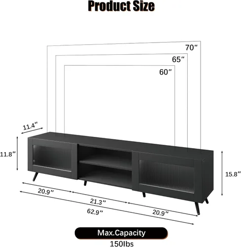 Miniatura 4 de HedoAjim Soporte de TV negro para televisores de 32 a 70 pulgadas, centro de entretenimiento con 2 puertas acrílicas, mesa consola multimedia de 58