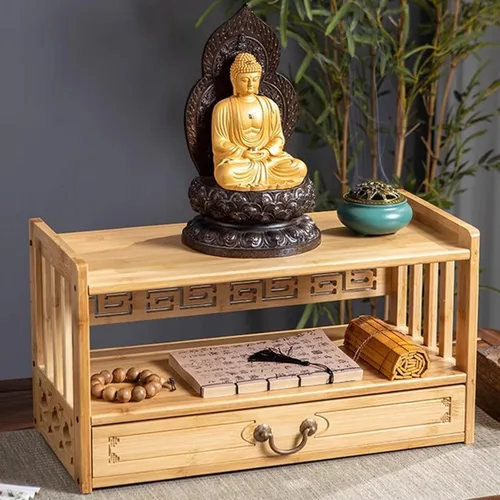 Miniatura 3 de HM&DX Mesa de meditación de altar con cajón de almacenamiento, mesa de altar espiritual de bambú, mesa budista relajante para oraciones