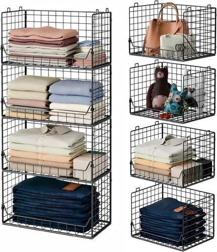Jakyitvi Organizador apilable de armario de 4 niveles de altura extra, contenedores de almacenamiento plegables para suéteres, jeans y ropa,
