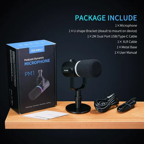 Miniatura 9 de FEELWORLD PM1 XLR Micrófono dinámico USB con soporte de escritorio, regalos para grabación de podcasts, PC, juegos de computadora, transmisión