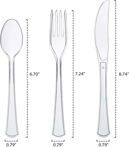 Miniatura 2 de Party Essentials Paquete combinado de cubiertos de plástico duro extra resistente y cuchillos/tenedores/cucharas de tamaño completo, transparente, 8