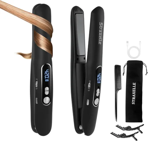 Mini alisador y rizador de pelo inalámbrico 2 en 1, mini plancha plana portátil ajustable de 350 °F a 420 °F (350°F-420°F), pantalla LED/plancha