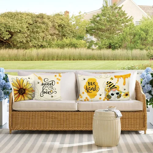Miniatura 4 de Bonhause Juego de 4 fundas de almohada de 18 x 18 pulgadas con diseño de abeja de verano, diseño de gnomo de girasol, color amarillo miel, fundas
