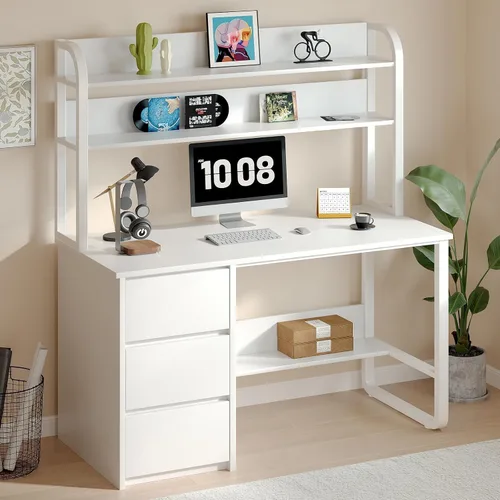 Miniatura 3 de MaverickFurni Escritorio para computadora de 60 pulgadas con estantes y hutch, escritorio de oficina en casa con 3 cajones de almacenamiento