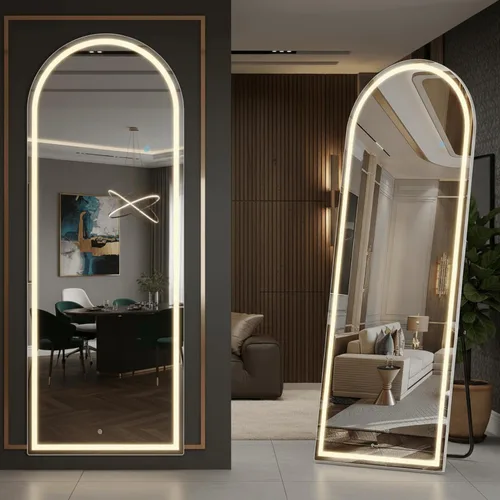 Miniatura 14 de Espejo arqueado de cuerpo entero con luces LED, espejo de piso de 60"x16" con soporte, espejos corporales de piso con atenuación e iluminación de 3